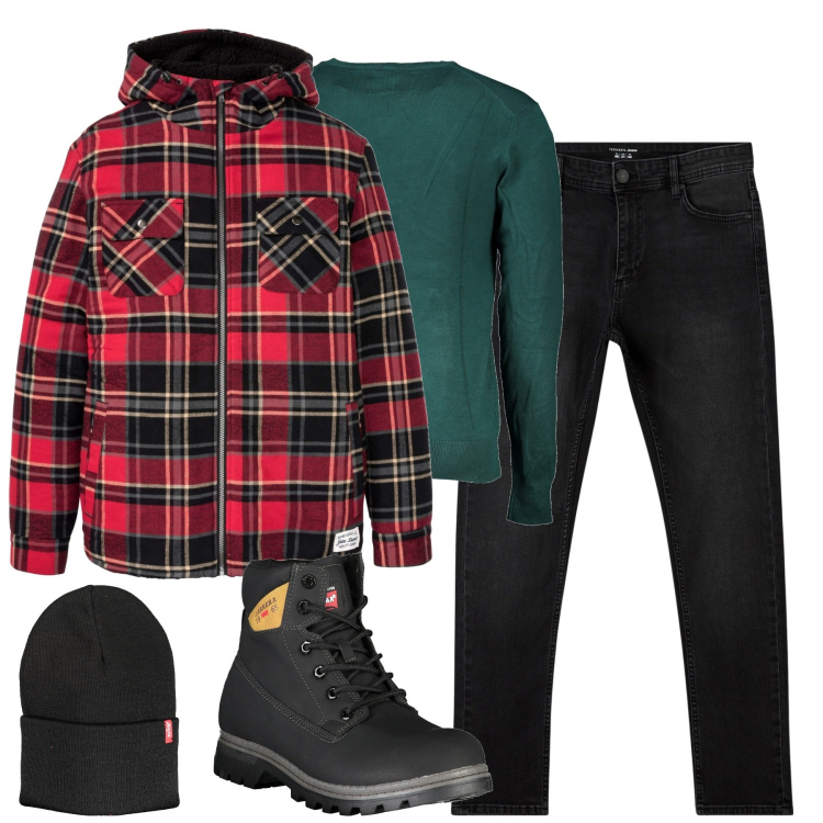 Outfit uomo - Weekend nei boschi con gli amici. Stile Casual per Tutti i giorni. Abbinamento con cappotti, jeans skinny, berretti, maglieria, stivali.