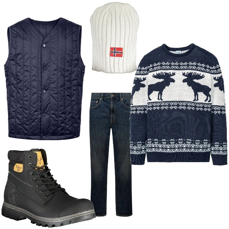Outfit uomo - Gita in montagna. Stile Casual per Tutti i giorni. Abbinamento con maglieria, jeans, stivali, piumini, berretti.