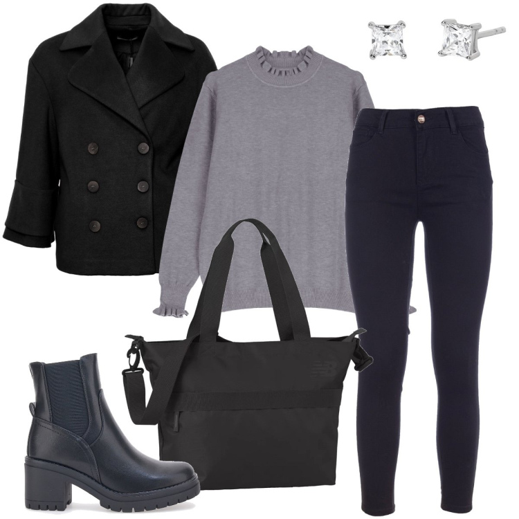 Outfit donna - Maglieria chunky. Stile Casual chic per Serata fuori. Abbinamento con orecchini, maglieria, borse tote, cappotti, jeans skinny, stivaletti.