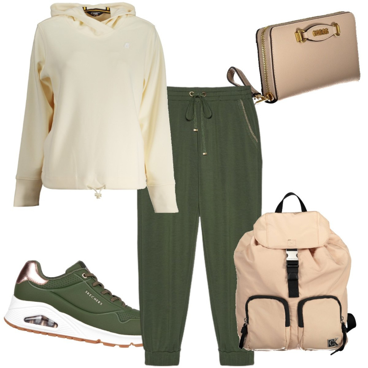 Outfit donna - Stile athleisure. Stile Sporty chic per Sport. Abbinamento con sneakers, pantaloni, felpe con cappuccio, zaini, portafogli.
