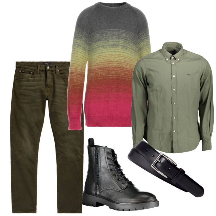 Outfit uomo - Autunno in multicolor. Stile Casual per Tutti i giorni. Abbinamento con pullovers, jeans, cinture, camicie, stivali.