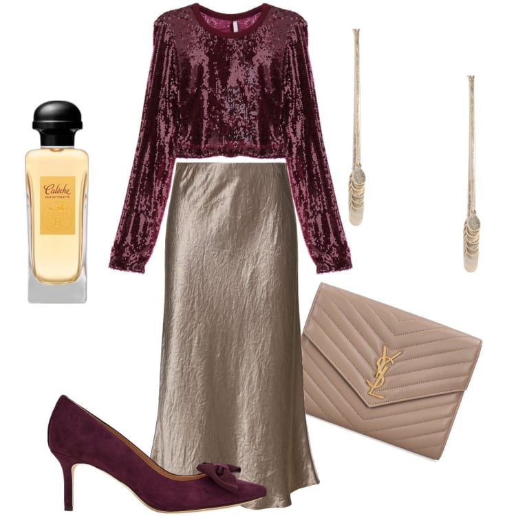 Outfit donna - La blusa in paillettes. Stile Glamour per Cerimonia. Abbinamento con profumi, t-shirt, décolleté, orecchini, gonne longuette, pochette.