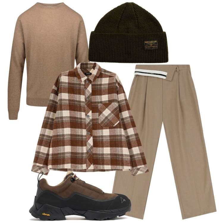Outfit uomo - Over. Stile Trendy per Tutti i giorni. Abbinamento con camicie, pantaloni a palazzo, berretti, maglieria, sneakers.