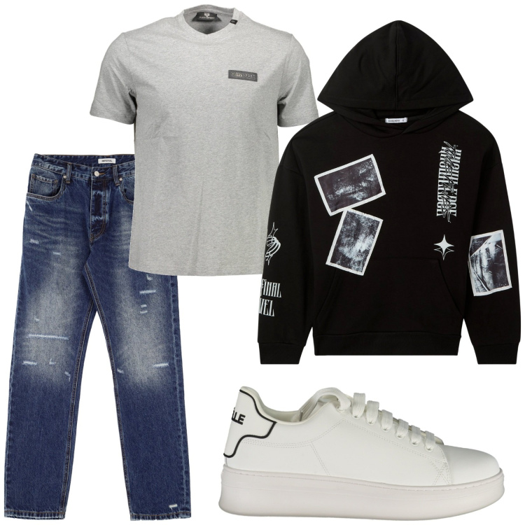 Outfit uomo - Total look #1986047. Stile Urban per Tutti i giorni. Abbinamento con felpe con cappuccio, jeans dritti, sneakers, t-shirt.