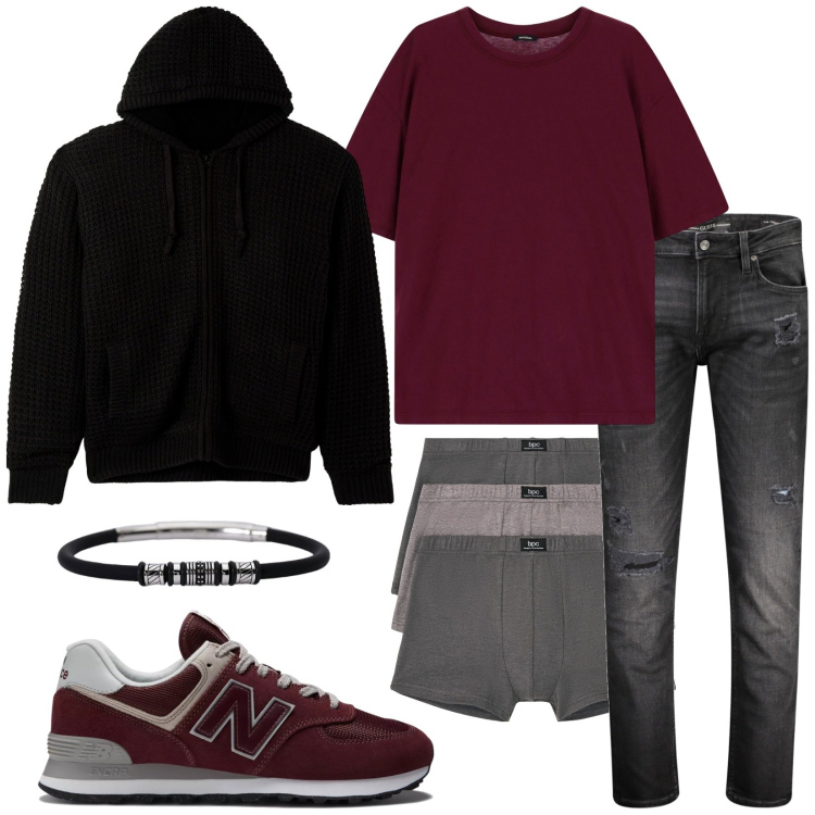 Outfit uomo - Total look #1986051. Stile Urban per Tutti i giorni. Abbinamento con boxer, cardigans, braccialetti, sneakers, t-shirt, jeans strappati.
