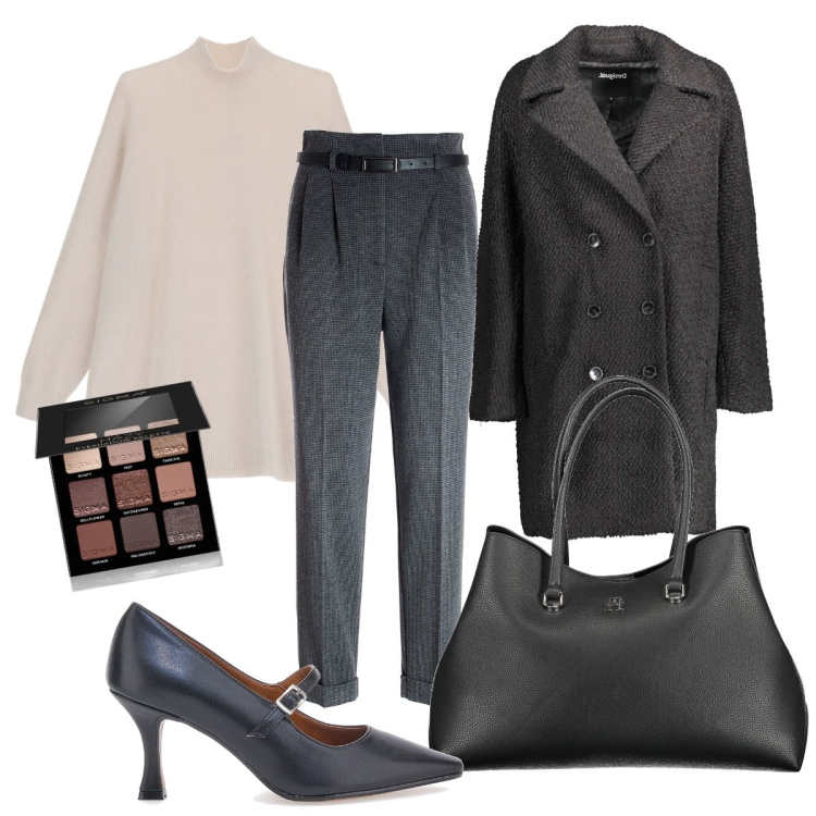 Outfit donna - In ufficio basic and chic. Stile Basic per Ufficio. Abbinamento con ombretti, pantaloni, maglieria, décolleté, cappotti, borse a spalla.