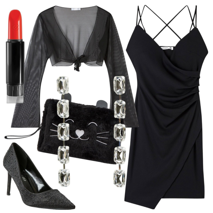 Outfit donna - In nero. Stile Sexy per Serata fuori. Abbinamento con rossetti, vestiti, bolero, valigie, orecchini, décolleté.