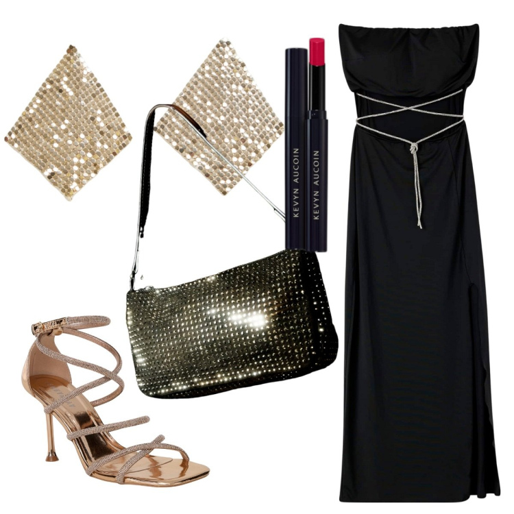 Outfit donna - Scintille. Stile Glamour per Serata fuori. Abbinamento con rossetti, sandali col tacco, vestiti lunghi, orecchini, borse a spalla.