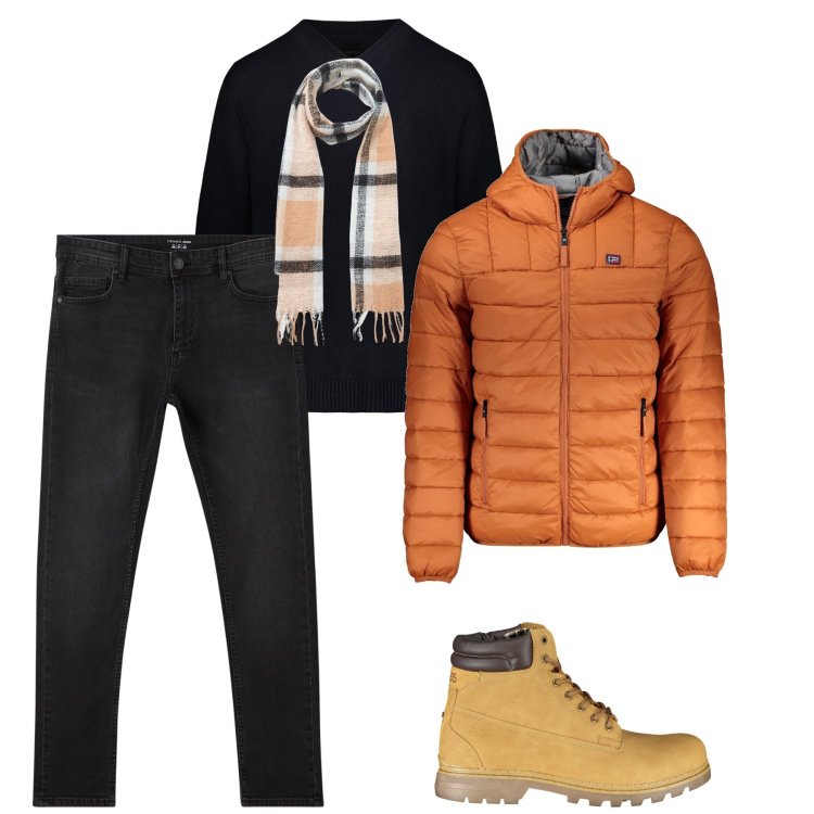 Outfit uomo - Nero e arancio. Stile Trendy per Tutti i giorni. Abbinamento con jeans skinny, sciarpe, giacche, maglieria, stivali.