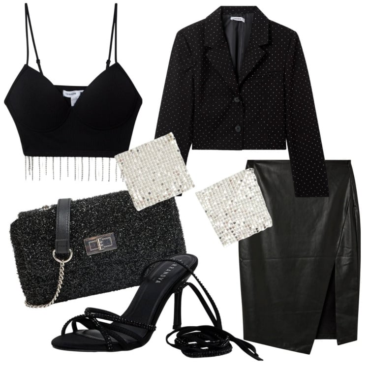 Outfit donna - Sexy. Stile Sexy per Serata fuori. Abbinamento con borse a tracolla, orecchini, gonne longuette, blazer, top, sandali alla schiava.