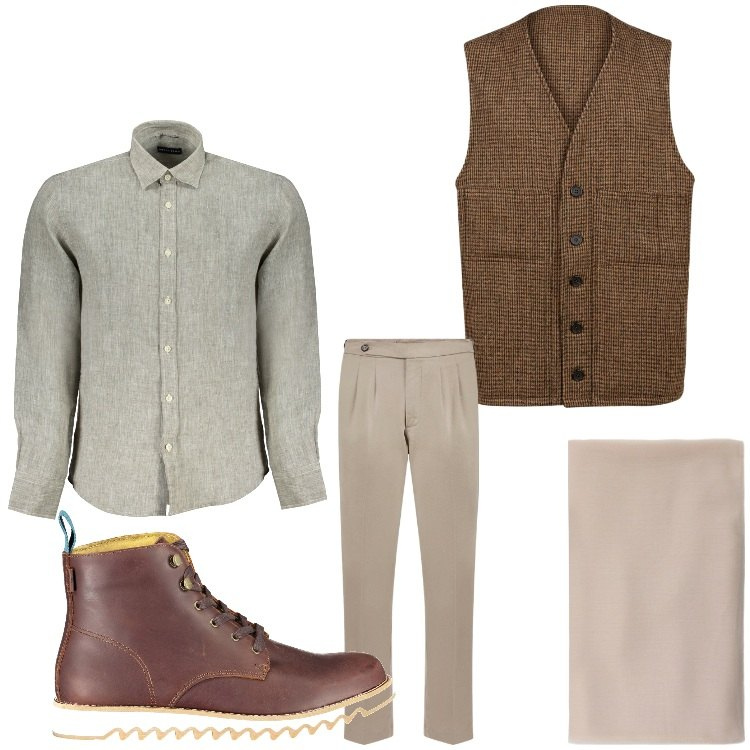 Outfit uomo - Idee di marrone. Stile Casual per Tutti i giorni. Abbinamento con sciarpe, pantaloni, stivali, gilet, camicie.