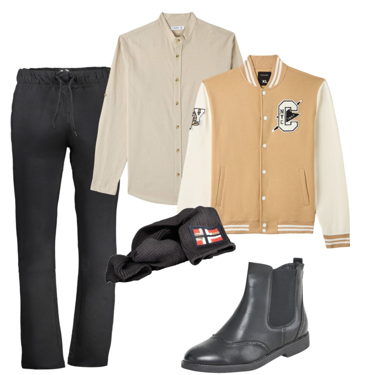 Outfit uomo - Casual sportivo. Stile Urban per Tutti i giorni. Abbinamento con camicie, stivali e stivaletti, bomber, pantaloni, sciarpe.