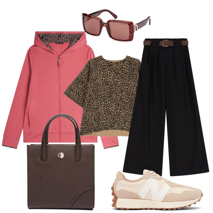Outfit donna - In città. Stile Sporty chic per Tutti i giorni. Abbinamento con sneakers, felpe con cappuccio, t-shirt, pantaloni a palazzo, shopping bag, occhiali da sole.
