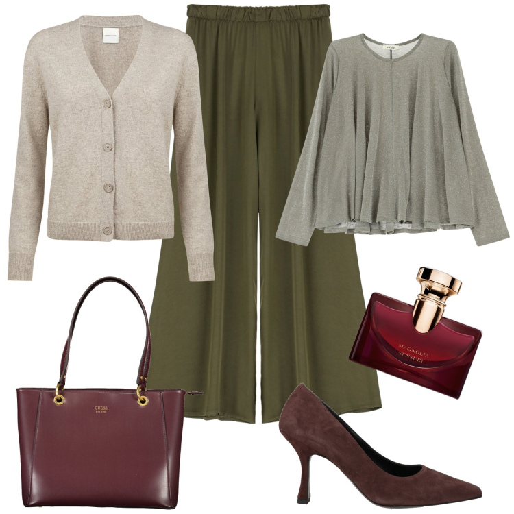 Outfit donna - Eleganza. Stile Chic per Ufficio. Abbinamento con décolleté, profumi, maglieria, pantaloni, cardigans, borse a spalla.