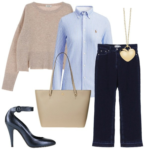 Outfit donna - La camicia a righe. Stile Casual chic per Ufficio. Abbinamento con décolleté, collane, jeans, pullovers, borse tote, camicie.