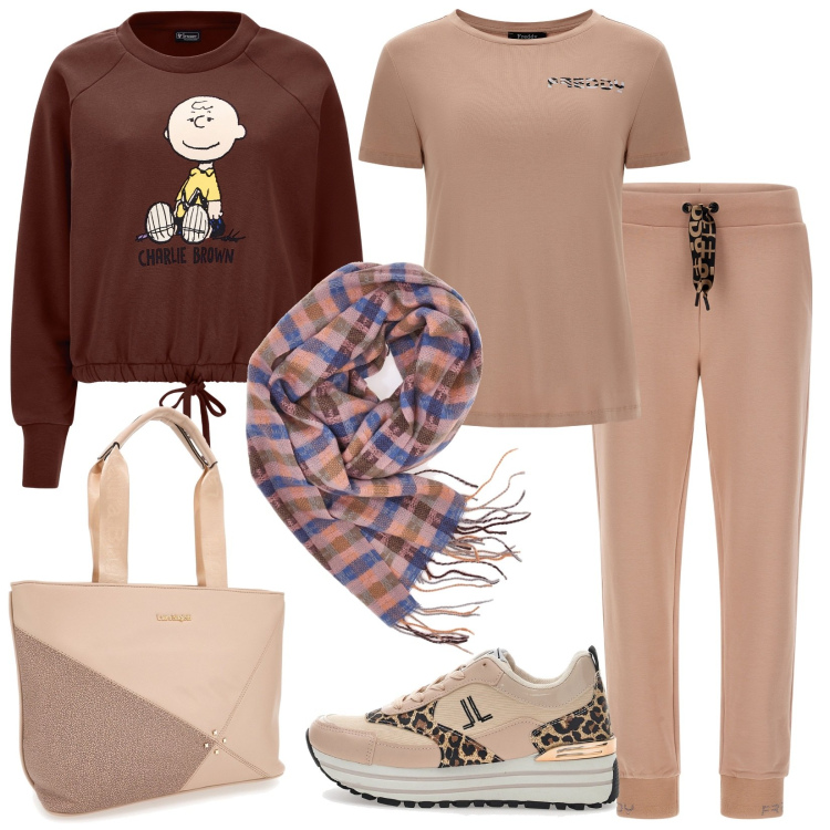Outfit donna - Stile athleisure. Stile Sporty chic per Tutti i giorni. Abbinamento con pantaloni, felpe, t-shirt, sciarpe, borse a spalla, sneakers.