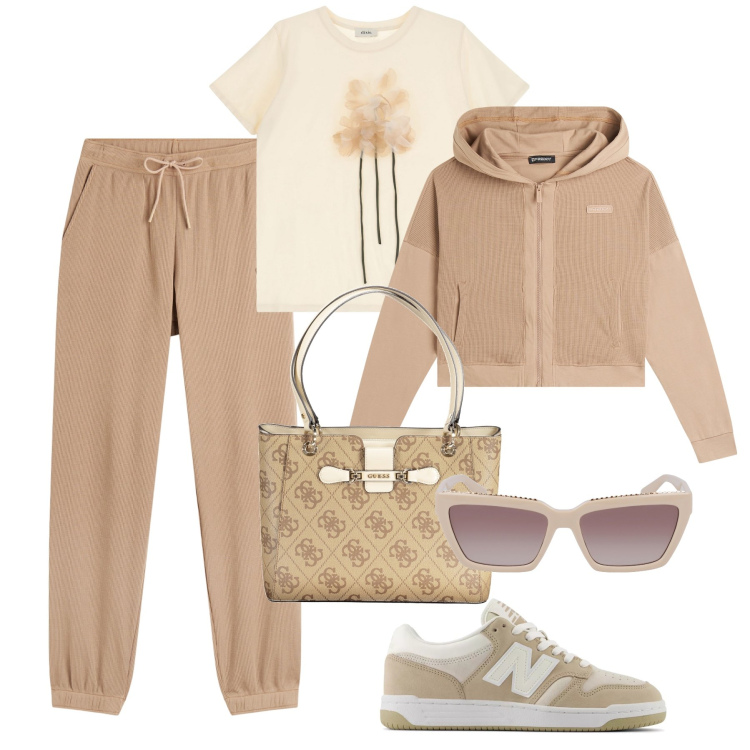 Outfit donna - Jersey waffle e borsa chic. Stile Casual per Tutti i giorni. Abbinamento con sneakers, felpe con cappuccio, pantaloni sportivi, t-shirt, occhiali da sole, borse a spalla.
