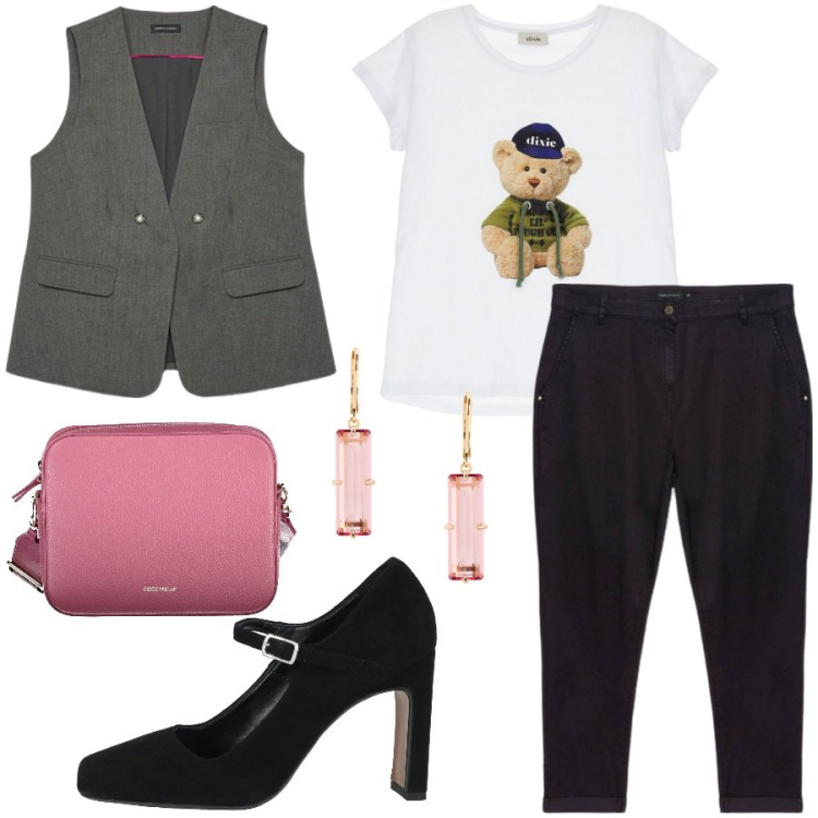 Outfit donna - Valeria fa shopping. Stile Mannish per Tutti i giorni. Abbinamento con décolleté, t-shirt, orecchini, pantaloni, gilet, borse a tracolla.