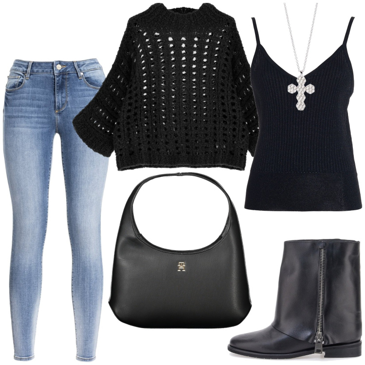 Outfit donna - Total look #1986133. Stile Rock per Tutti i giorni. Abbinamento con ciondoli, jeans, canottiere, pullovers, stivaletti, borse a spalla.