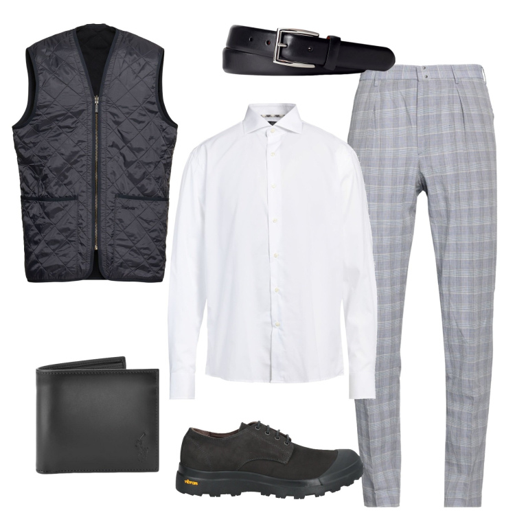 Outfit uomo - Eleganza sportiva. Stile Casual per Ufficio. Abbinamento con scarpe stringate, pantaloni chino, camicie, cinture, portafogli, gilet.
