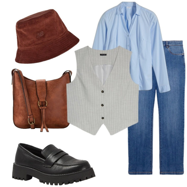 Outfit donna - Gilet o non gilet. Stile Casual chic per Tutti i giorni. Abbinamento con camicie, borse a tracolla, mocassini, cappelli, gilet, jeans dritti.