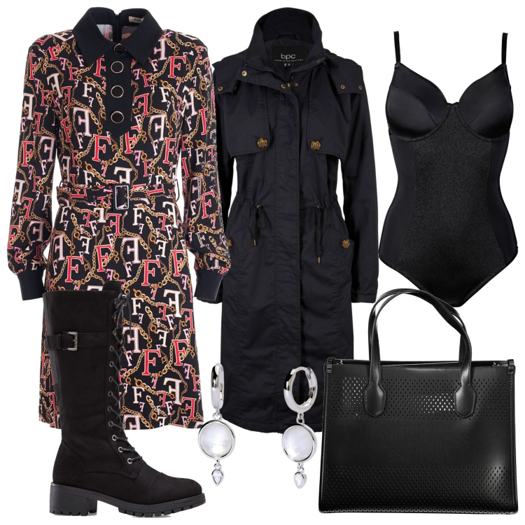 Outfit donna - Abito flare mini. Stile Glamour per Tutti i giorni. Abbinamento con stivali, body, trench, orecchini, vestiti, pochette.