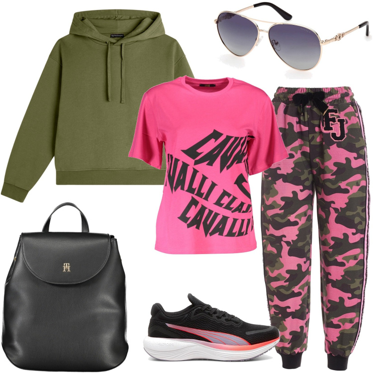 Outfit donna - Stile athleisure. Stile Sporty chic per Tutti i giorni. Abbinamento con pantaloni, felpe con cappuccio, scarpe sportive, t-shirt, zaini, occhiali da sole.