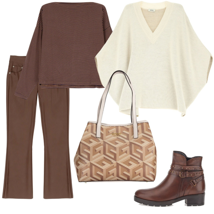 Outfit donna - Color castagna. Stile Casual per Tutti i giorni. Abbinamento con pantaloni, maglieria, cappotti, stivaletti, borse a spalla.
