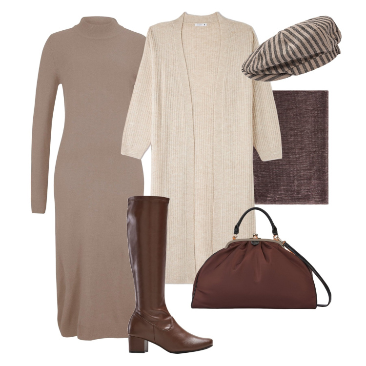 Outfit donna - L’abito aderente e il cardigan oversize. Stile Glamour per Tutti i giorni. Abbinamento con stivali, vestiti, cardigans, borse a spalla, stole, cappelli.