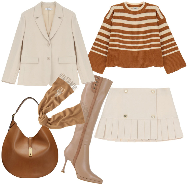 Outfit donna - Total look #1986172. Stile Casual chic per Tutti i giorni. Abbinamento con stivali, blazer, minigonne, borse a spalla, sciarpe, maglieria.