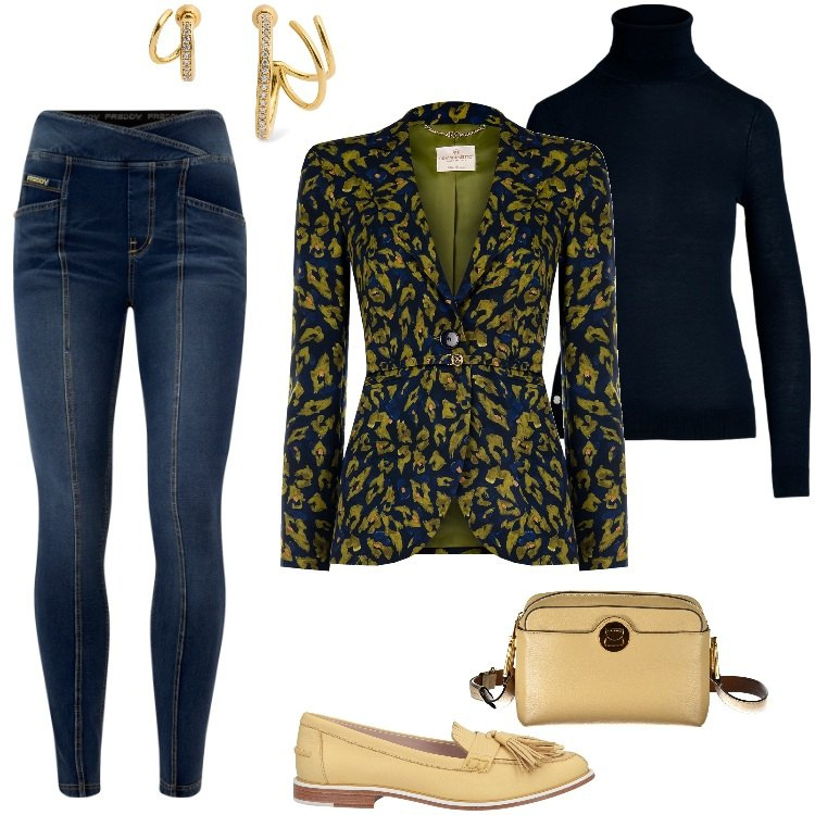 Outfit donna - AnImAlIeR. Stile Etnico per Tutti i giorni. Abbinamento con mocassini, blazer, jeans skinny, maglieria, borse a tracolla, orecchini.