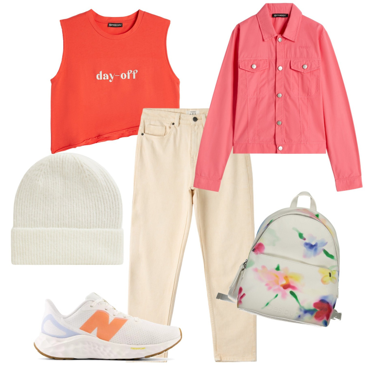 Outfit donna - Total look per passeggiata. Stile Casual chic per Tutti i giorni. Abbinamento con jeans mom, berretti, sneakers, blazer, t-shirt, zaini.