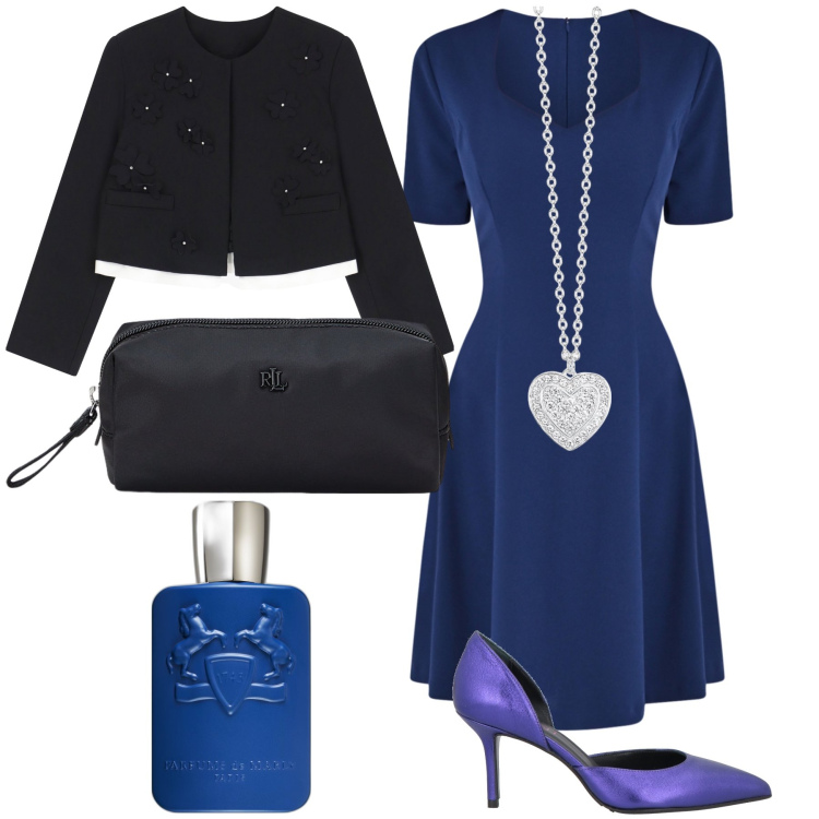 Outfit donna - Cena d amore. Stile Chic per Serata fuori. Abbinamento con décolleté, profumi, collane, vestiti corti, blazer, pochette.