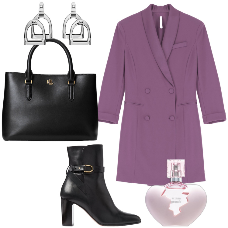 Outfit donna - Abito robemanteau. Stile Glamour per Ufficio. Abbinamento con profumi, vestiti corti, orecchini, stivaletti, borse a mano.