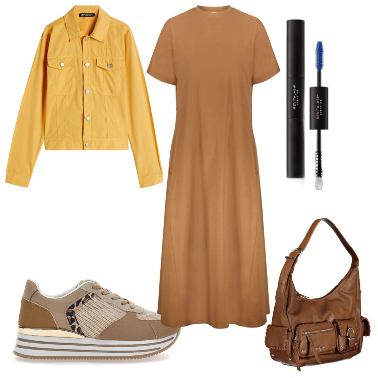 Outfit donna - I colori dell\'autunno: ocra e marrone. Stile Basic per Tutti i giorni. Abbinamento con mascara, blazer, vestiti midi/longuette, sneakers, borse a spalla.