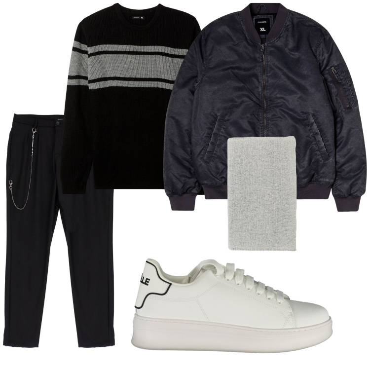 Outfit uomo - Total look #1986249. Stile Urban per Tutti i giorni. Abbinamento con bomber, maglieria, sciarpe, pantaloni, sneakers.