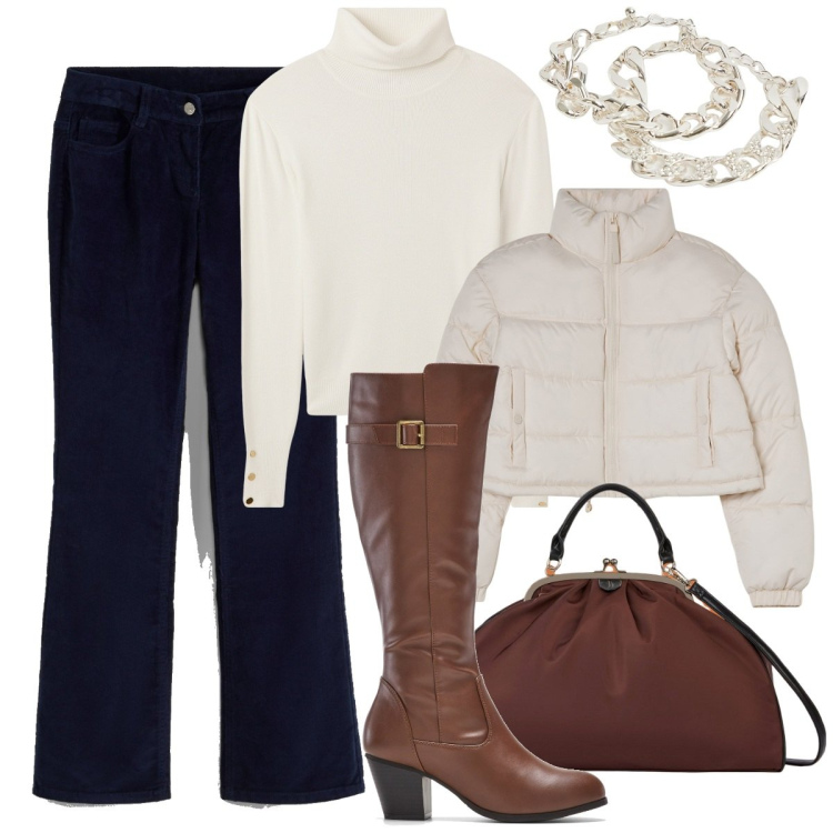 Outfit donna - I pantaloni di velluto blu. Stile Basic per Tutti i giorni. Abbinamento con pantaloni, stivali, blazer, maglieria, braccialetti, borse a spalla.