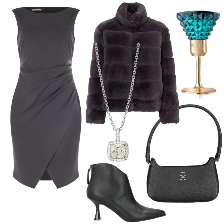 Outfit donna - Tubino grigio drappeggiato. Stile Chic per Serata fuori. Abbinamento con ecopellicce, stivaletti, profumi, collane, vestiti a tubino, borse a spalla.