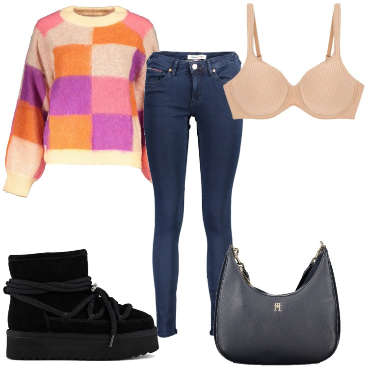 Outfit donna - Maglieria chunky e jeans skinny. Stile Trendy per Tutti i giorni. Abbinamento con reggiseni, stivaletti, maglieria, borse a tracolla, jeans skinny.