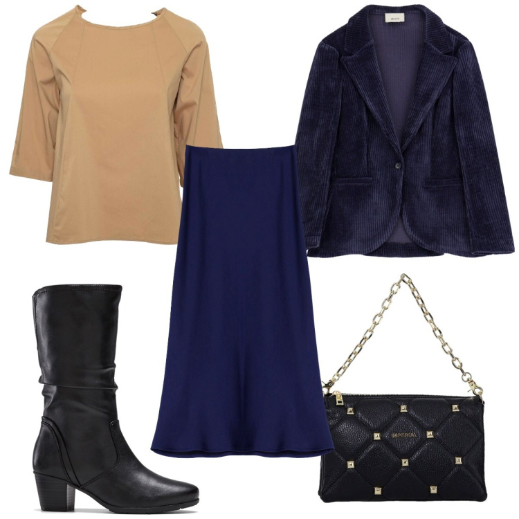 Outfit donna - Total look #1986281. Stile Trendy per Ufficio. Abbinamento con stivali, gonne lunghe, borse a spalla, blazer, bluse.