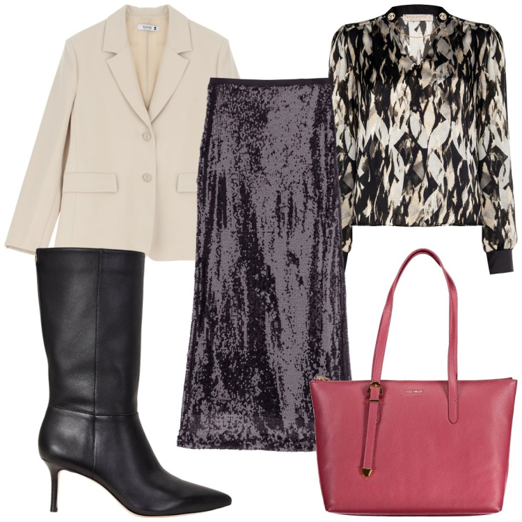 Outfit donna - Total look #1986283. Stile Glamour per Tutti i giorni. Abbinamento con bluse, blazer, gonne lunghe, stivali, borse a spalla.