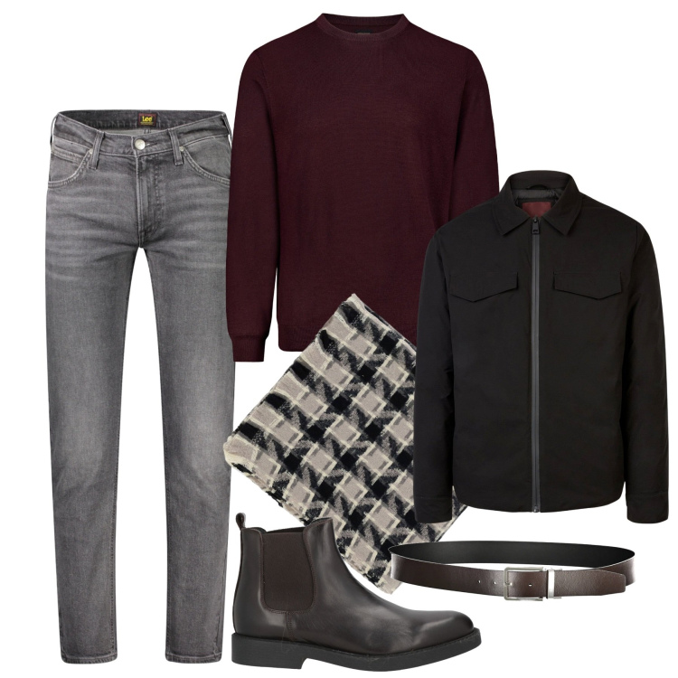 Outfit uomo - Burgundy di ottobre. Stile Casual per Tutti i giorni. Abbinamento con stivali e stivaletti, sciarpe, maglieria, jeans dritti, piumini, cinture.