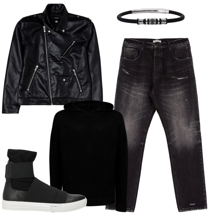 Outfit uomo - Black. Stile Urban per Tutti i giorni. Abbinamento con sneakers, braccialetti, giacche, jeans slim fit, maglieria.