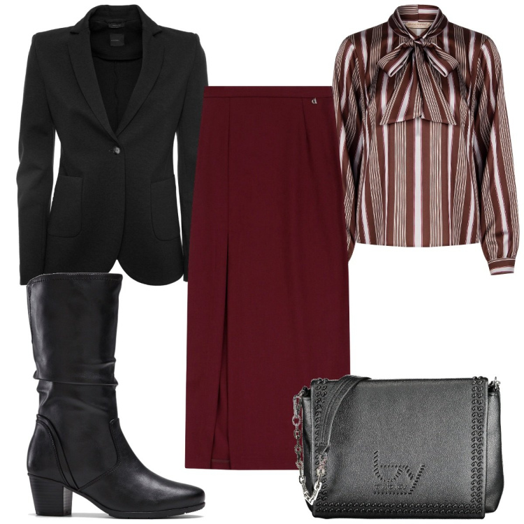 Outfit donna - Total look #1986291. Stile Trendy per Tutti i giorni. Abbinamento con stivali, bluse, gonne lunghe, blazer, borse a spalla.