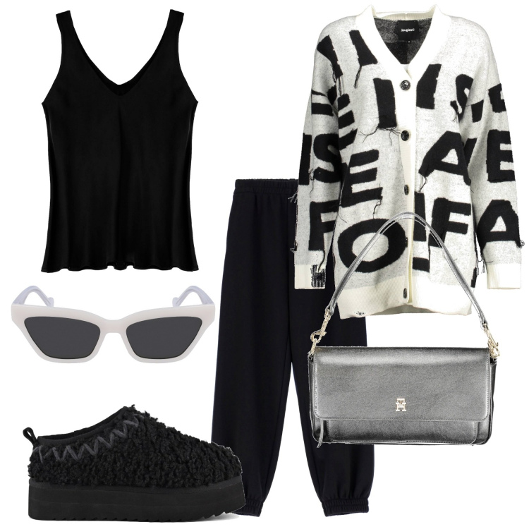 Outfit donna - Total look #1986293. Stile Trendy per Tutti i giorni. Abbinamento con pantaloni, canottiere, stivaletti, cardigans, borse a spalla, occhiali da sole.