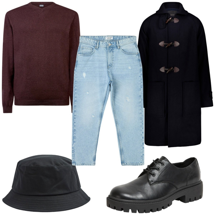 Outfit uomo - Total look #1986298. Stile Casual per Tutti i giorni. Abbinamento con jeans strappati, scarpe stringate, cappelli, maglieria, montgomery.