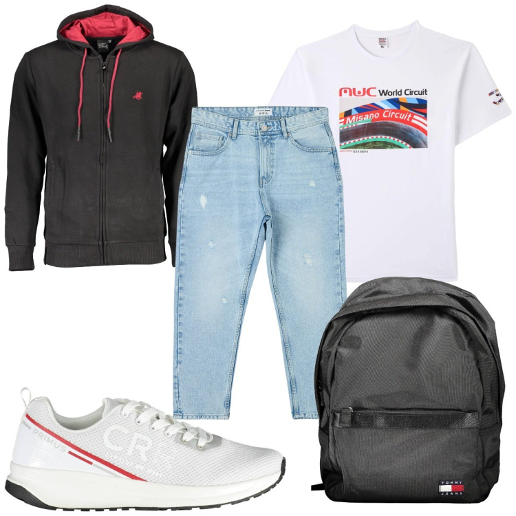 Outfit uomo - Total look #1986303. Stile Trendy per Tutti i giorni. Abbinamento con t-shirt, jeans strappati, felpe con cappuccio, borse sportive, sneakers.