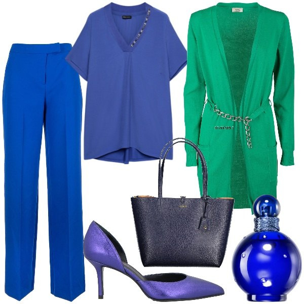 Outfit donna - Bluette e verde. Stile Casual chic per Ufficio. Abbinamento con décolleté, profumi, cardigans, pantaloni a palazzo, borse a spalla, t-shirt.