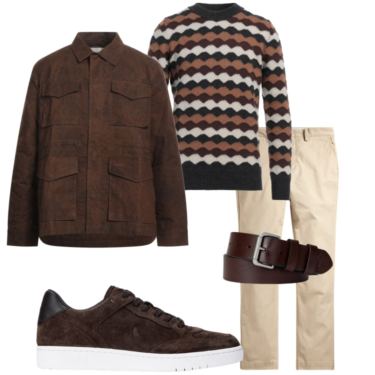 Outfit uomo - Casual in ufficio. Stile Urban per Ufficio. Abbinamento con pullovers, giacche, cinture, pantaloni, sneakers.