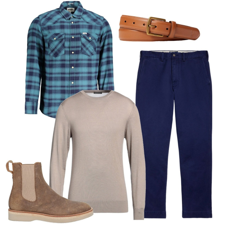 Outfit uomo - Pratico ma elegante. Stile Casual per Tutti i giorni. Abbinamento con pullovers, stivali e stivaletti, cinture, pantaloni chino, camicie.